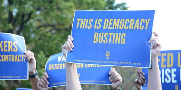 Close up of rally attendee's sign that says This is Democracy Busting in yellow lettering over a blue background. 