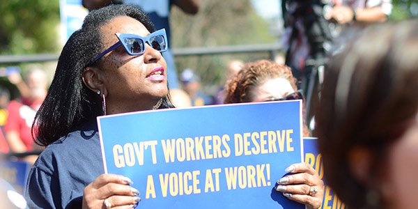 Rally goer holds sign that says Gov't Workers Deserve a Voice at Work!