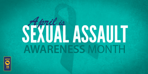 Graphic with green background, a faded ribbon and the text April is Sexual Assault Awareness Month