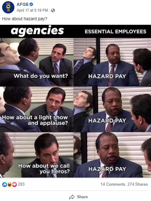 Screenshot of meme posted on Facebook of workers asking agencies for hazard pay. Features screenshot from The Office. 