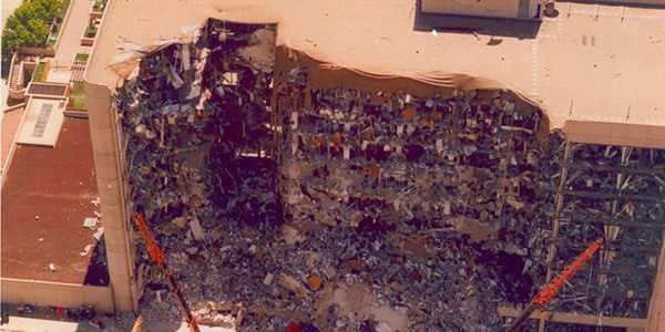 Aerial view of Oklahoma City government building after the bombing 25 years ago