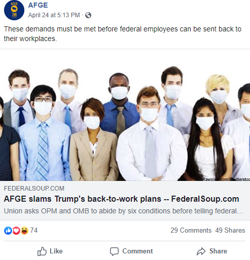 Screenshot of a Facebook post of a FederalSoup.com article. The image features a group of people wearing face masks.