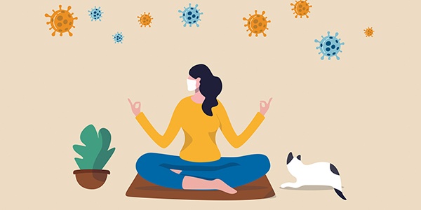 Graphic with person sitting cross-legged wearing a mask. A plant and a cat are on either side of them. Virus balls float above them. 