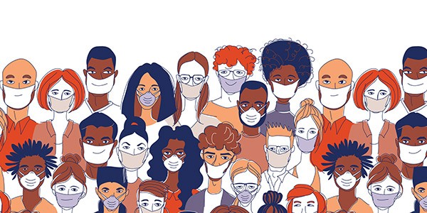 Illustration of a diverse group wearing different types of masks