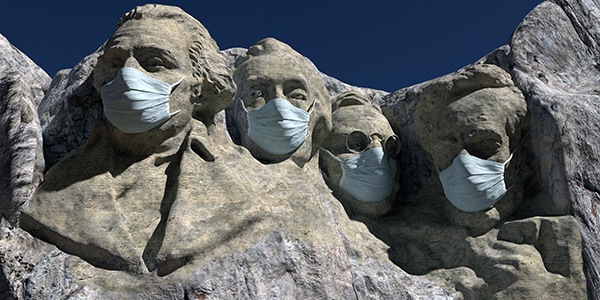 Graphic of Mount Rushmore with the four presidents with masks over their faces