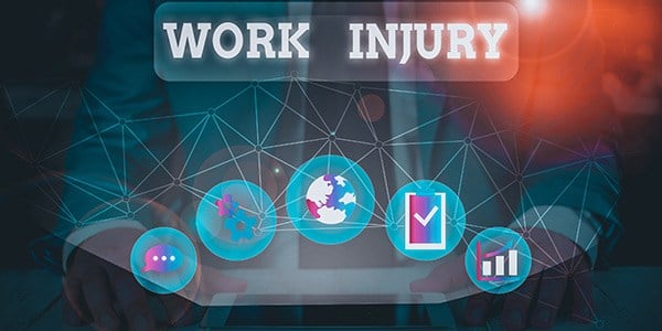 Blue graphic that says work injury with person sitting at a computer in the background and various graphic bubbles floating under the text