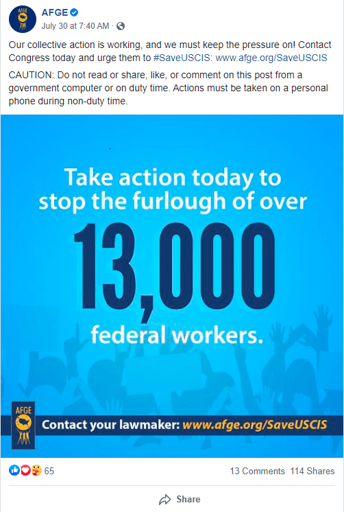 Screenshot of AFGE Facebook post