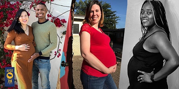 3 pregnant women pictures one person is standing with their partner