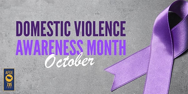 Text Domestic Violence Awareness Month over gray background with a purple ribbon