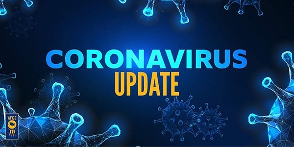 Text that reads Coronavirus Update over blue background with virus molecules