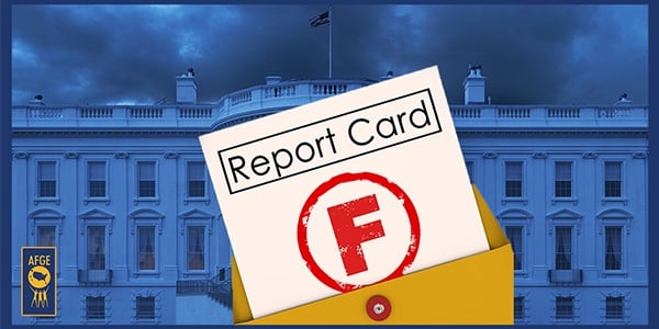 Graphic with envelop white paper sticking out that reads Report Card F with the White House in the background