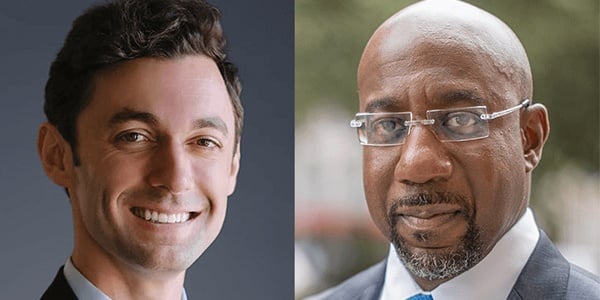 Headshots of Jon Ossoff and Raphael Warnock