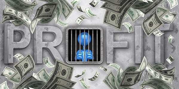 3D Character Illustration Behind Bars With The Word Profit