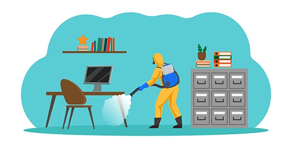 Illustration of person in hazmat suit disinfecting an office space