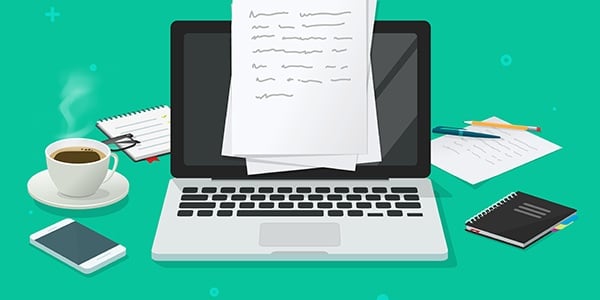 Illustration of a laptop, coffee cup, cell phone, paper with squiggly lines