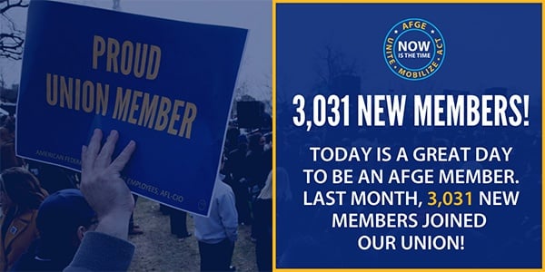 White text over a blue background that reads 3,031 new members! Today's a great day to be an AFGE member