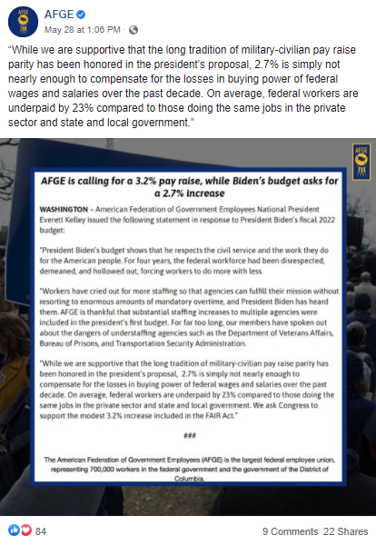 Screenshot of AFGE Facebook post