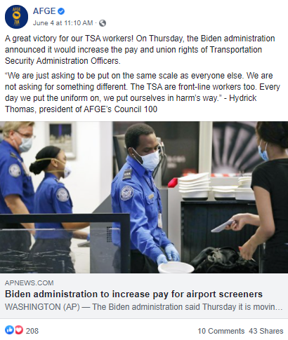 Screenshot of AFGE Facebook post