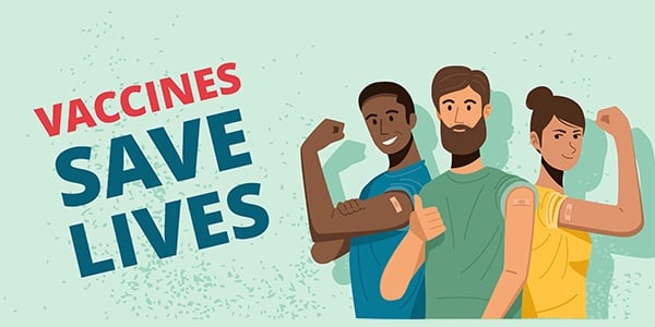 3 illustrated characters with the words Vaccines Save Lives