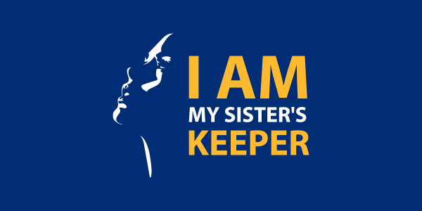 Blue background with yellow text that reads I Am My Sister's Keeper