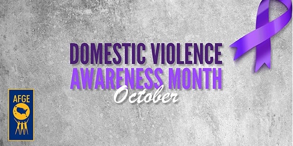 Graphic with gray background and purple text that reads Domestic Violence Awareness Month October