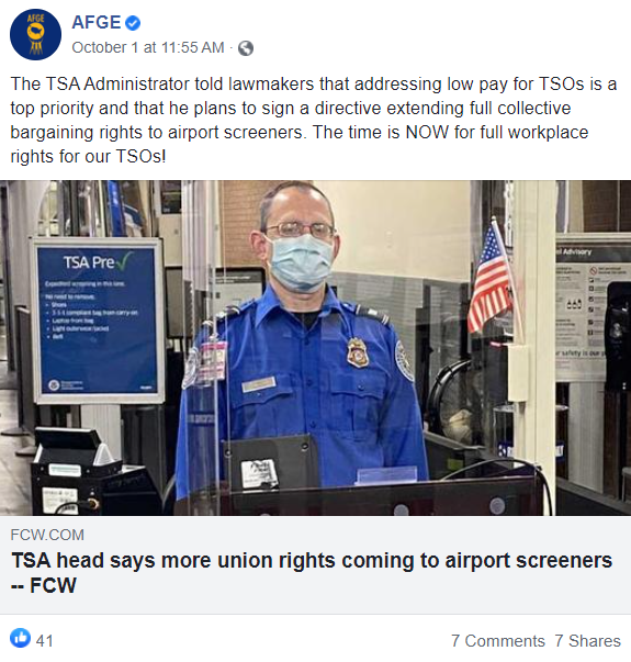 Screenshot of AFGE Facebook post