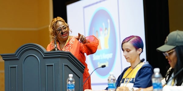 AFGE HRC Chair Yvonne Renee Evans leads a panel discussion at the Sister's Keeper Training