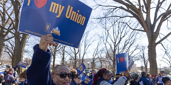 AFGE rally sign says I heart my union