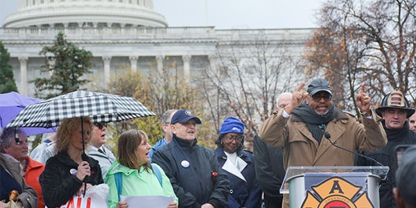 AFGE President Kelley speaks at WEP/GPO rally.